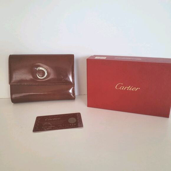 Cartier Paris Panther Vintage Trifold Patent Leather Brown Wallet Medium Fair - Picture 1 of 12